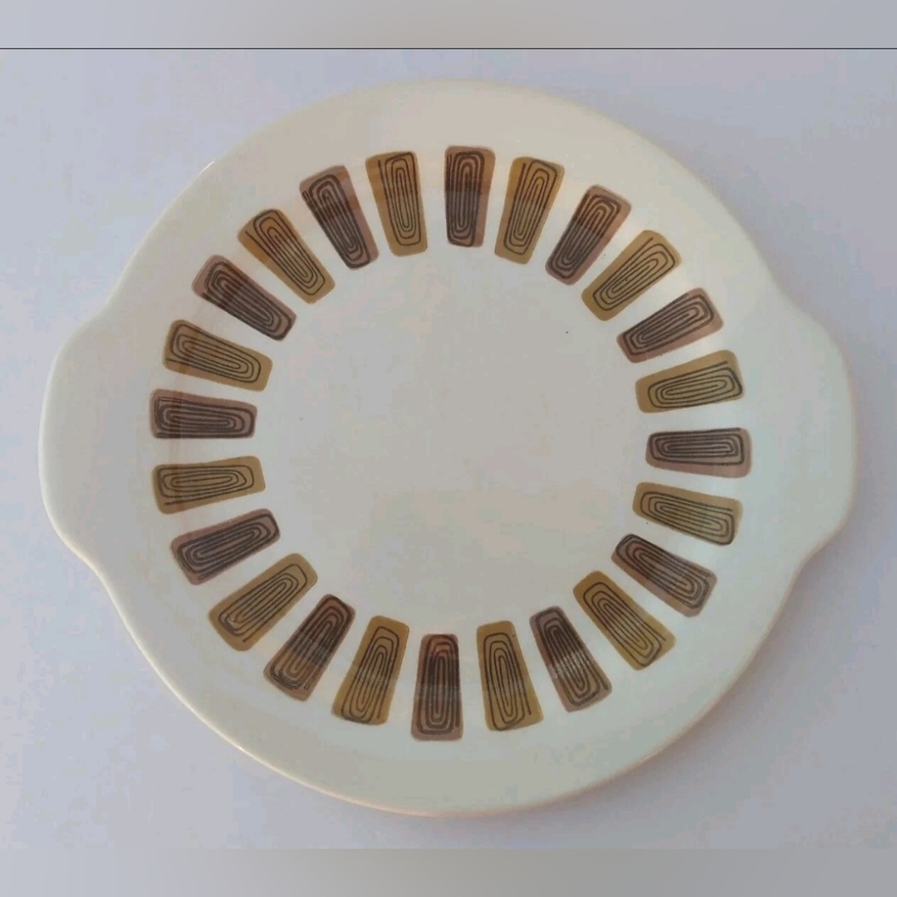 Vintage 50s round platter plate white brown black handles MCM Retro